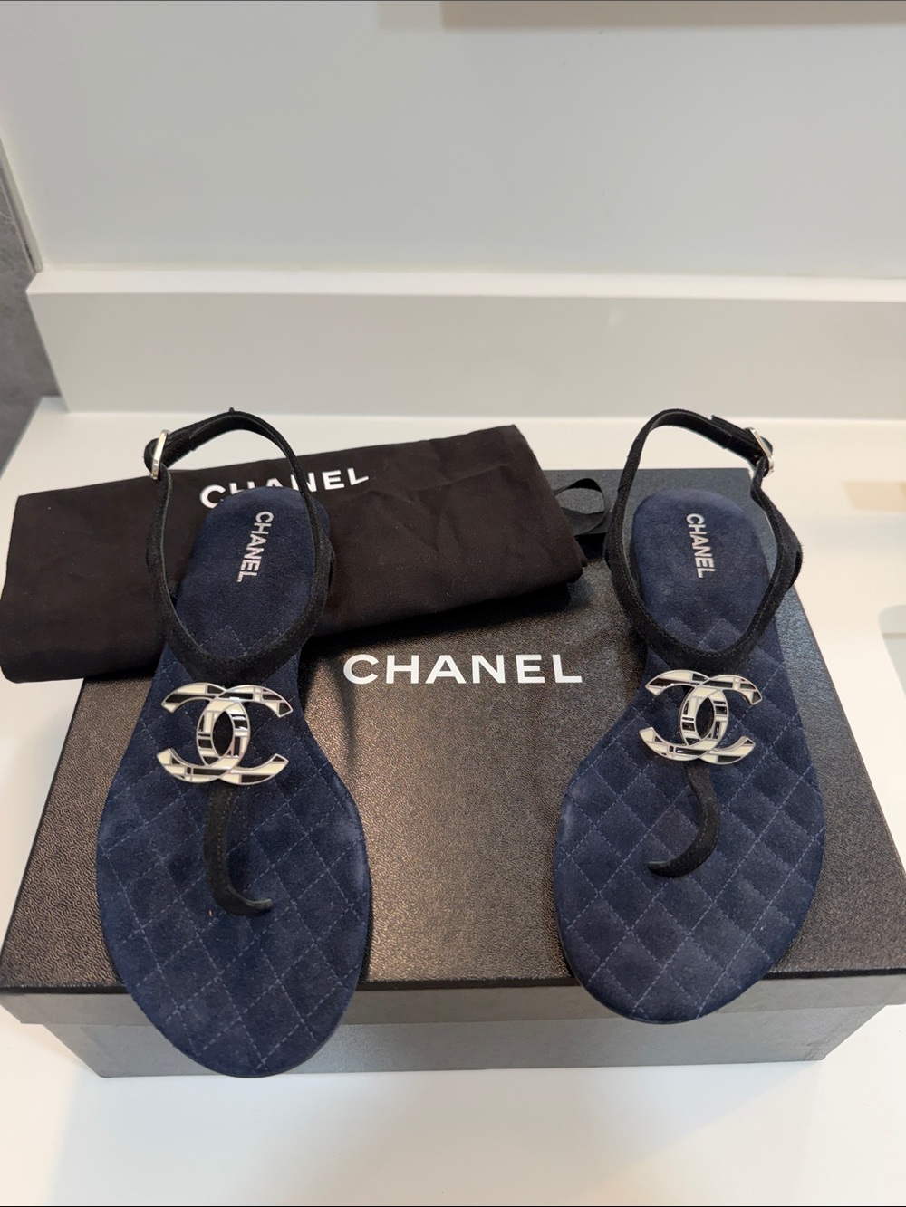 CHANEL Navy Quilted Suede CC Thong Sandals with Silver Logo